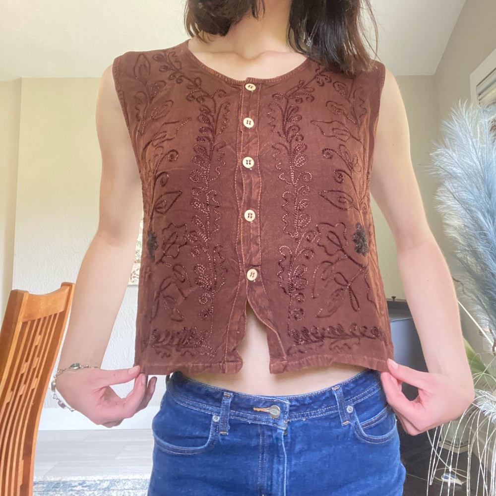 Brown Button Up Stitched Detail Top
